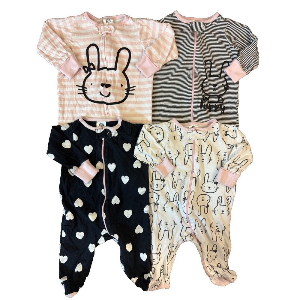 Gerber Baby Girl Sleepers 0/3 Months 100% Cotton Footed Outfits Zippered Bunnies